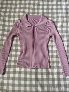 Ribbed Double Zip Collared Sweatshirt - Dusty Pink